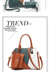 Detail of two-piece tote bag set featuring geometric contrast panels and gold metal hardware