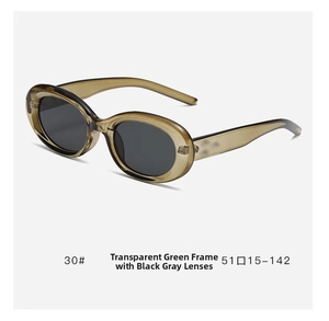 Detail of transparent green oval sunglasses frame with dark gray lenses in high quality