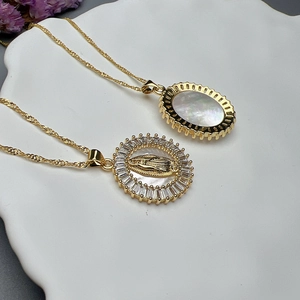 Virgin Mary white mother of pearl pendant necklace with gold chain and zircon border