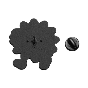 Detailed back view of a metal earth pin featuring black rubber clutch and needle clasp