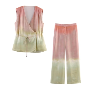 Haut Cache Coeur Sans Manches Et Pantalon Large Femme Satin Tie Dye Dégradé Col V Streetwear Décontracté Élégant