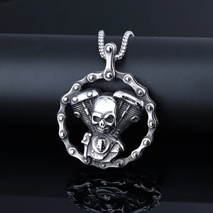 Gothic skull motorcycle engine pendant made of silver stainless steel with chain