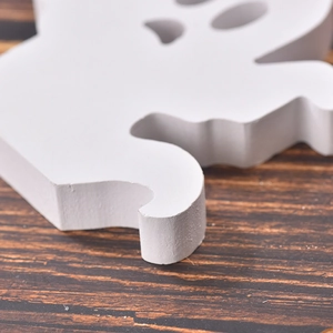Cute white wooden ghost decor for Halloween tiered tray tabletop, classic waved edge design