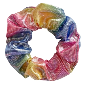 Macro shot of shimmering rainbow laser fabric hair scrunchie with metallic gold foil finish