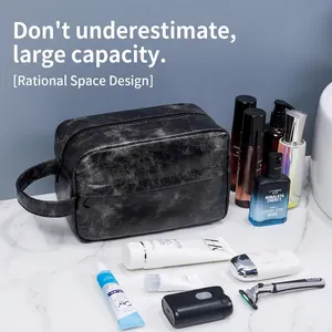 Premium black PU leather men's toiletry bag with waterproof textured finish for travel