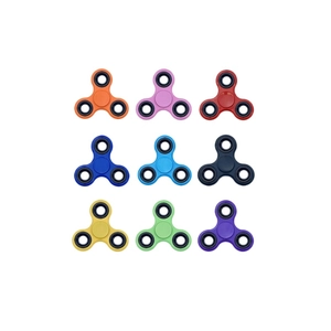Nine colorful tri-fidget spinners in orange, pink, blue, and more on a white background