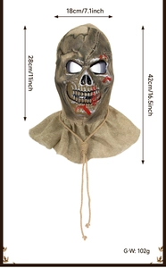 Detailed size chart of a scary Halloween scarecrow mask with latex and burlap textures