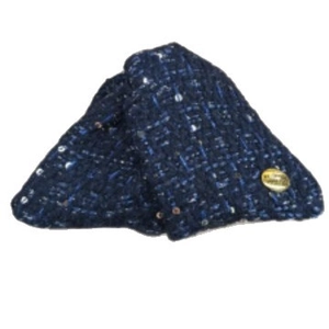 Elegant navy tweed triangular hair claw clip with golden metal button and sequins