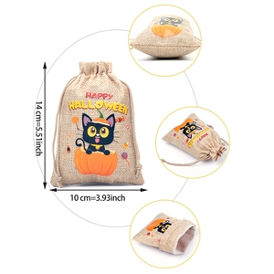 Burlap Halloween drawstring gift bag with pumpkin and black cat print, 10x14cm size