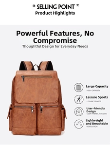 Detail view of vintage dark brown faux leather backpack featuring multiple functional zip pockets
