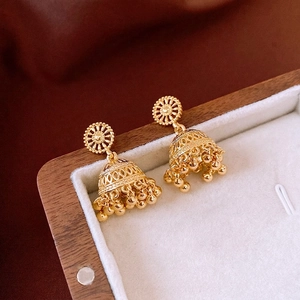 Ethnic Hollow Bell Jhumka Drop Earrings 14K Gold Plated Copper With Silver Earring Post Vintage Retro Style For Women