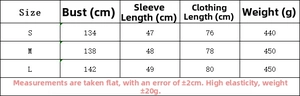 Detailed size chart for women's loose knit sweater with bust, sleeve, and length measurements