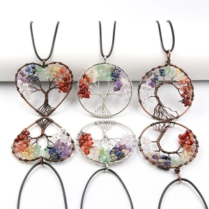 Natural crystal tree of life wire wrapped pendant necklace in round and heart shapes