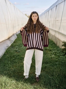Women stripe knit sweater with brown and pink color block design for autumn fashion