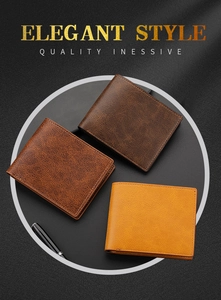 Three premium leather bifold wallets in coffee, brown, and yellow with precise stitching