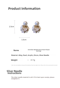 Detail view of floral pearl earrings with dimensions 2.5cm by 1.6cm and material info