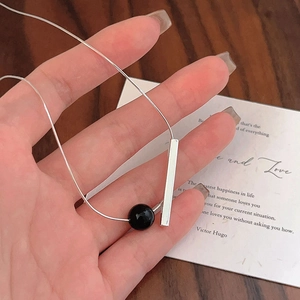 925 Sterling Silver Necklace With Black Agate Bead Geometric Square Tube Pendant Minimalist Jewelry For Women