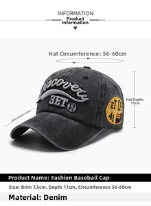 Detail view of dark grey washed denim baseball cap with Discovery 3ET embroidery and side badge
