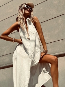 Sleeveless Maxi Shirt Dress Pure Cotton Button Down Lapel Collar Casual Loose Summer Long Dress For Women