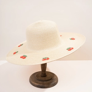 Cappello da sole in paglia a tesa larga da donna con ricami a ciliegia in colore bianco crema