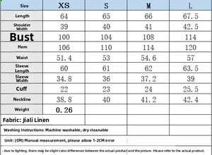 Detailed size chart for the crepe shirt with shoulder pads including measurements in CM