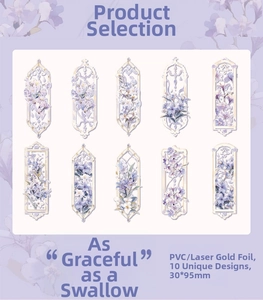 Detail of embossed floral PVC bookmarks with gold foil stamping and laser finish