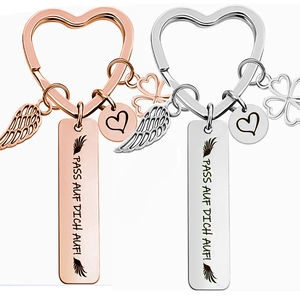 Porte-clés en Acier Inoxydable Gravé en Allemand Pendentif Cœur Trèfle Aile d'Ange Pass Auf Dich Auf Ich Denk An Dich Cadeau en Métal
