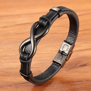 Men's black multilayer braided leather bracelet with stainless steel infinity symbol
