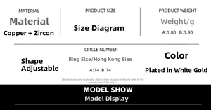 Detailed chart showing copper material, cubic zirconia specs, and adjustable ring size details