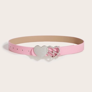 Pink faux leather belt for women featuring a double heart buckle and lightning bolt accent