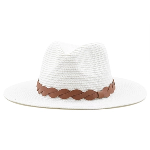 Classic white woven straw fedora hat with a decorative brown leather band for sun protection