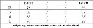 Detailed size chart for striped top and midi skirt showing bust and length measurements