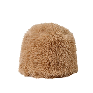 Thick plush bucket hat in warm camel color for winter warmth and soft fluffy texture