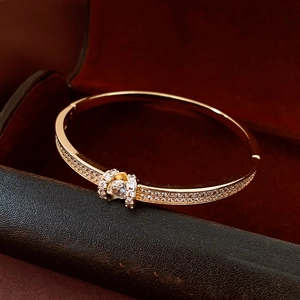 Detailed macro view of 18K gold plated oval bangle with shimmering zircon pavé setting