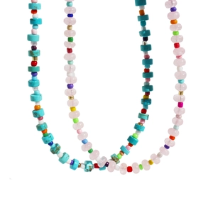 Handmade rainbow seed bead necklace set with pink crystal and turquoise accents