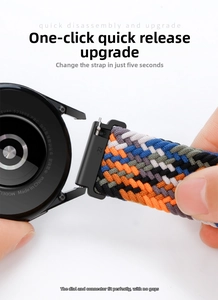 Macro detail of the quick-release 22mm connector on a colorful braided watch strap