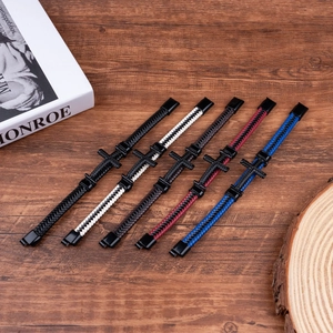 Braided leather bracelets for men with alloy metal cross pendants and magnetic clasps