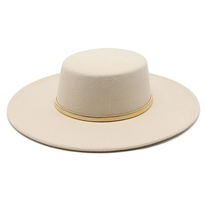 Classic cream felt flat top fedora with a 9.5cm wide brim and gold spring accent
