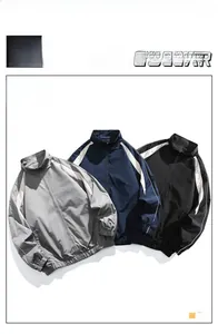 Detail of three-color men's stand collar jacket with reflective stripes and rib cuffs
