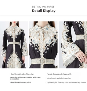Detail view of lace stand collar and retro paisley print on flare sleeve silk dress