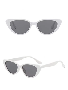 Front and side views of vintage white cat-eye sunglasses with gray lenses for adults