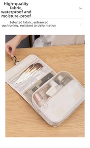 Detail view of large capacity hanging toiletry bag with multiple storage compartments