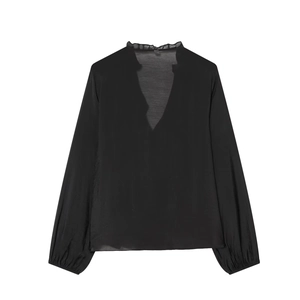 Chemisier Femme Col En V Volants Manches Longues Bouffantes Couleur Unie Ample Style Français Hauts Élégants