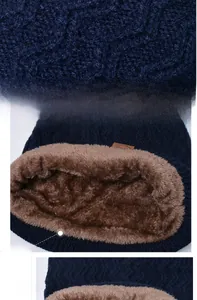 Detail of dark blue knit hat set with thick brown fleece lining for winter warmth