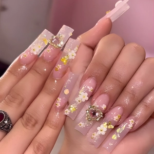 Long Coffin Press On Nails Pink Jelly Base With 3D White Flowers Golden Butterfly Heart Rhinestones Sparkling Glitter