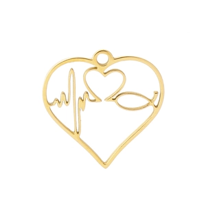 Detailed view of a gold heart pendant featuring a stethoscope and heartbeat design