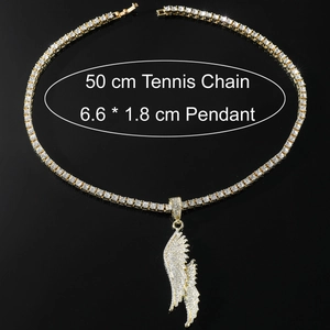 Detail view of 50cm gold tennis chain with iced out wing pendant and dimension specs
