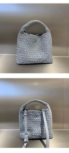 Detail view of woven denim tote with integrated handle and adjustable shoulder strap