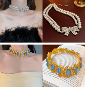 Détail de collier perles vintage avec nœud et choker doré avec pierre précieuse