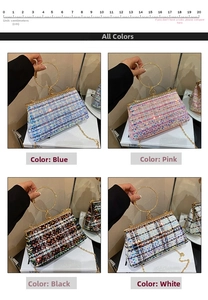 Detailed view of sequin evening clutch bags in four colors with gold metal handles